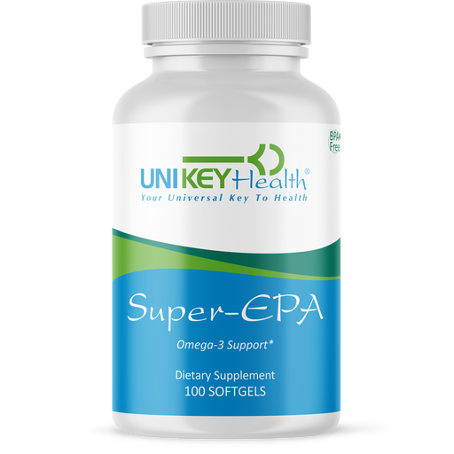 The front of a bottle of Super-EPA, a dietary supplement that has Omega-3 support and contains 100 softgels.