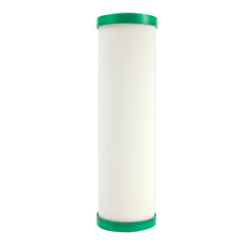 An ultra-ceramic water filter replacement with metalgon that has a dark green top and bottom.