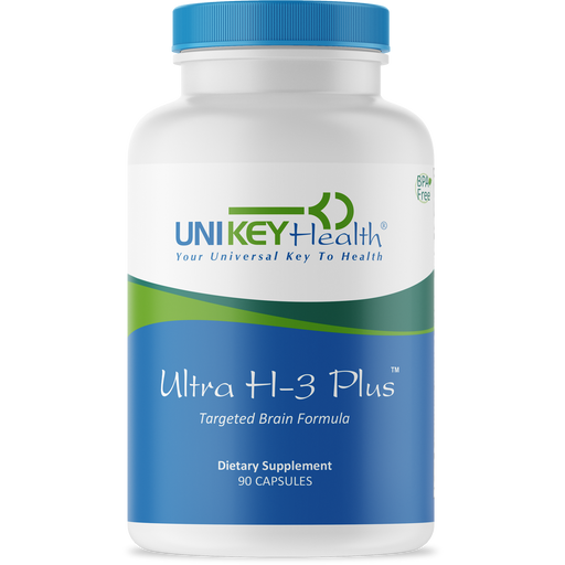 The front of a bottle of Ultra H-3 Plus, a targeted brain support formula dietary supplement containing 90 capsules.