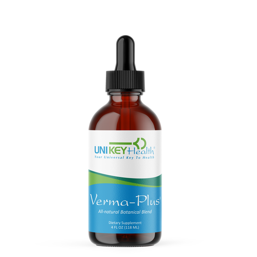 A 4 fl. oz. bottle of Verma-Plus an all-natural botanical blend and herbal parasite cleanse.
