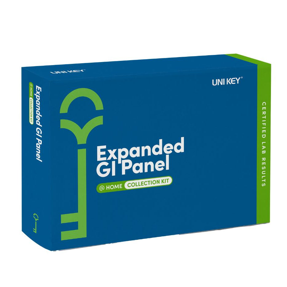 A box of Expanded GI Panel test kit with the Uni Key Health Systems, Inc. logo and branding.
