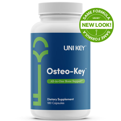 Bottle front of UNI KEY Health's Osteo-Key, a bone support supplement.