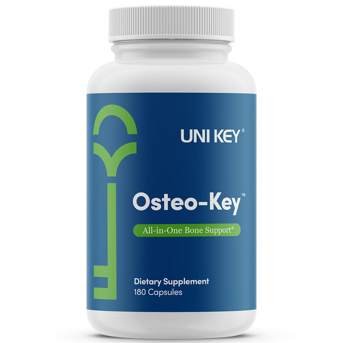 Bottle front of UNI KEY Health's Osteo-Key, a bone support supplement.