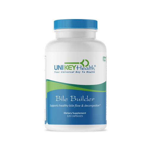 The front of a bottle of Bile Builder, a dietary supplement that supports healthy bile flow and decongestion.