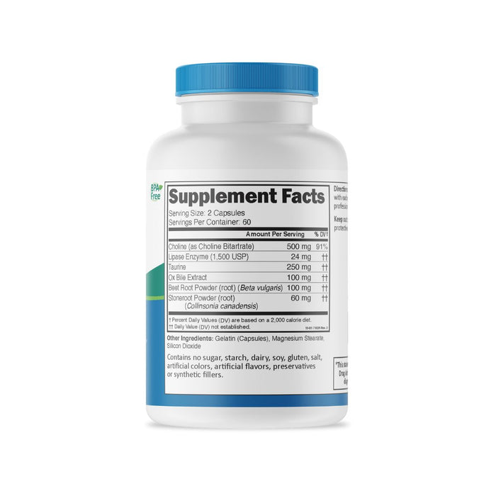 The Supplement Facts label of a bottle of Bile Builder, a dietary supplement that supports healthy bile flow and decongestion.