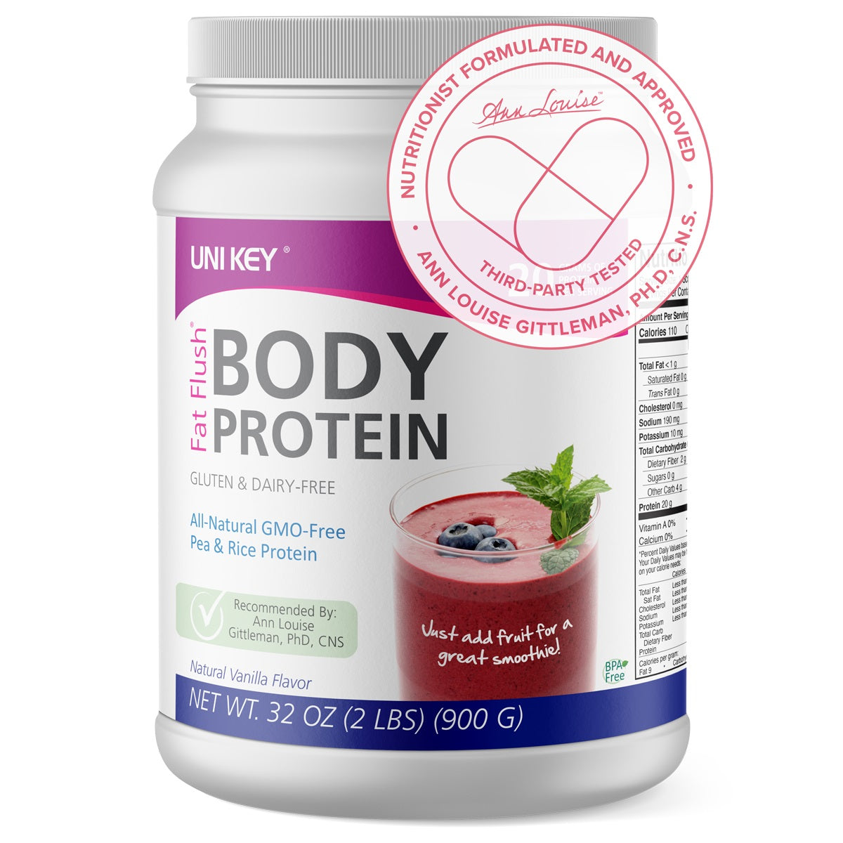 A tub of Fat Flush Body Protein recommended by Ann Louise Gittleman.