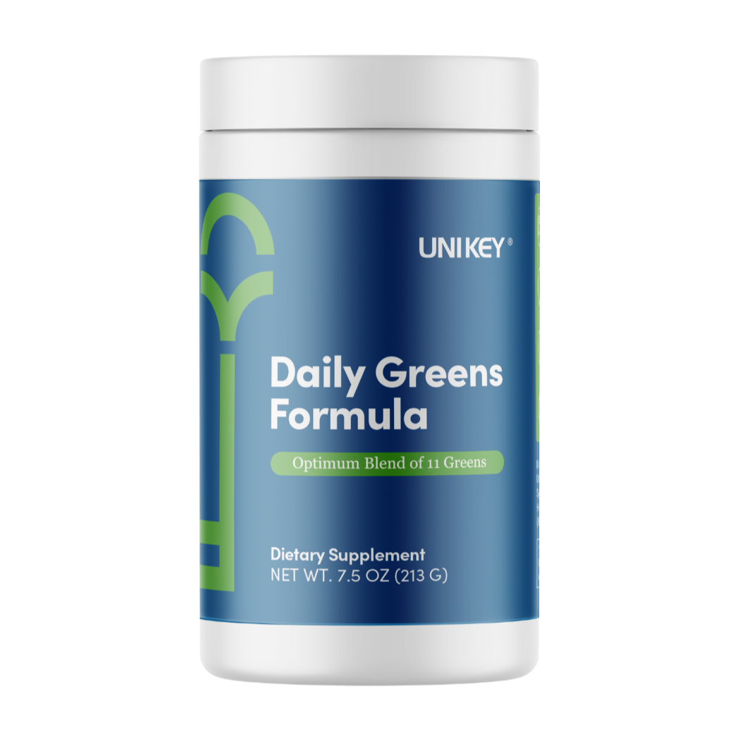 Unikey Daily Greens Formula supplement container on a white background