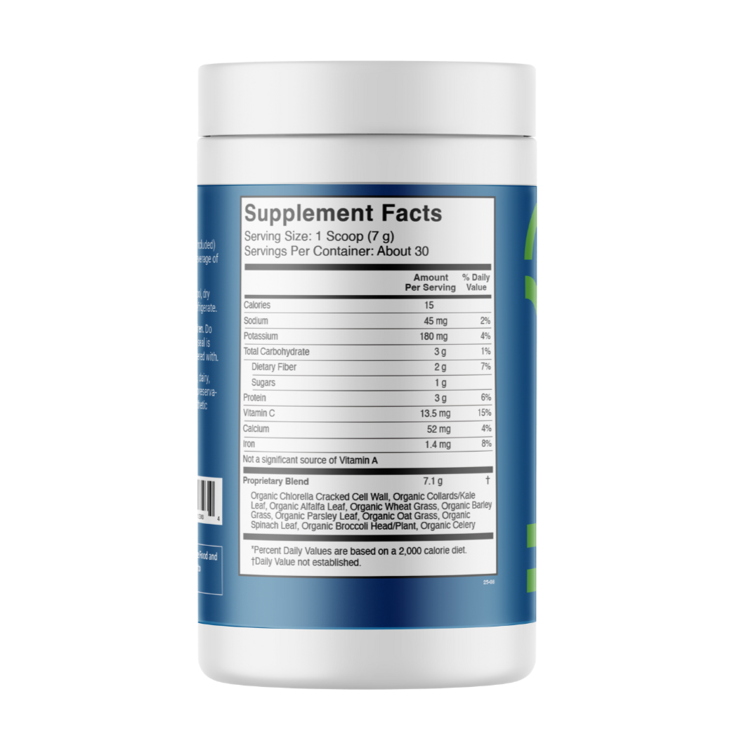 Supplement container with blue label showing 'Supplement Facts' on a white background