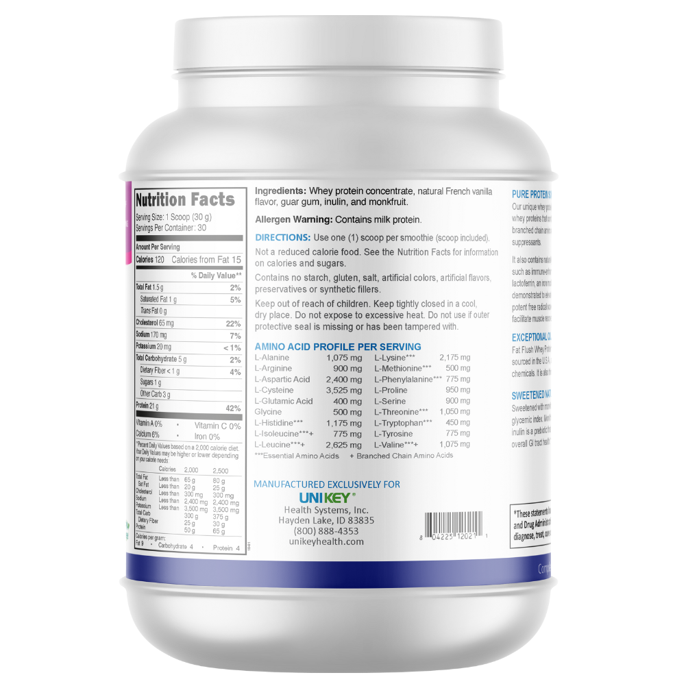 White protein powder container with label on a white background