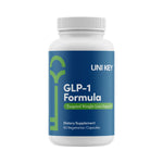 Supplement bottle labeled 'GLP-1 Formula' by UNI KEY on a white background
