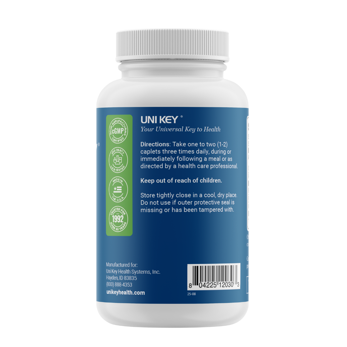 Uni Key supplement bottle with blue label on a white background