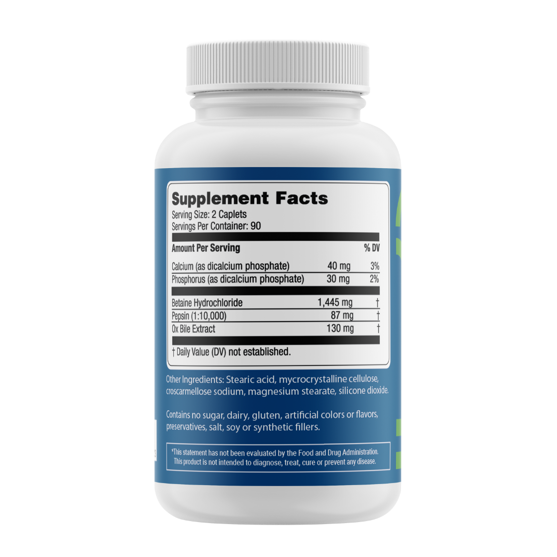 Supplement bottle with a blue label on a white background