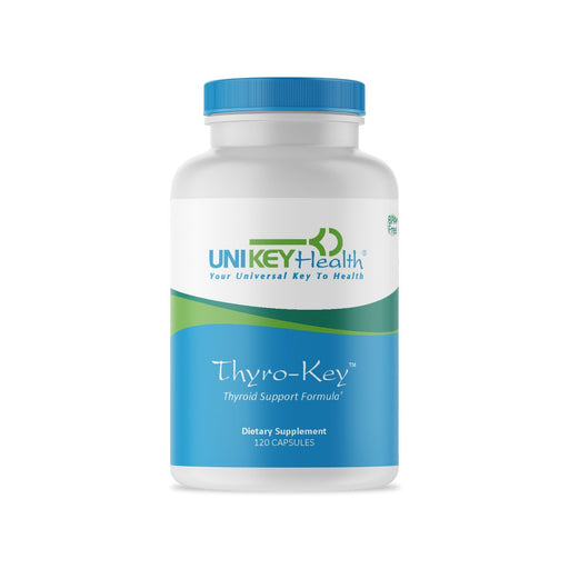 The front of a bottle of Thyro-Key, a thyroid support formula dietary supplement that contains 120 capsules.