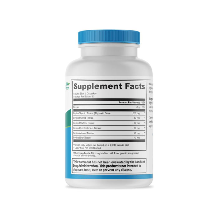 The Supplement Facts panel on a bottle of Thyro-Key, a thyroid support formula dietary supplement that contains 120 capsules.