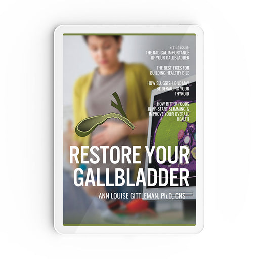 A woman holding her stomach on the front cover of Ann Louise Gittleman's Restore Your Gallbladder guide.