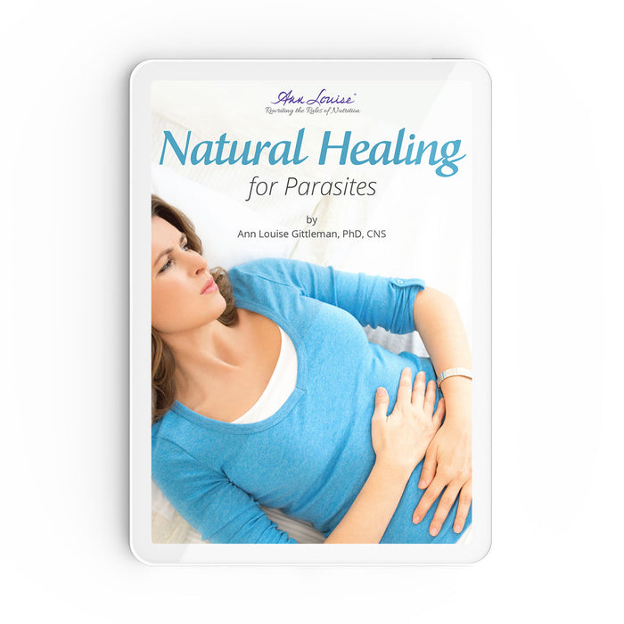 A digital download of Ann Louise Gittleman's Natural Healing for Parasites Guide which shows a woman holding her stomach.