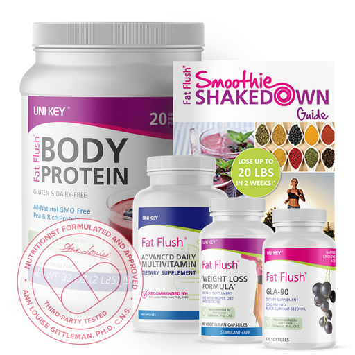 2-Week Smoothie Shakedown Bundle that has Fat Flush Body Protein, Weight Loss Formula, GLA-90 & Advanced Daily Multivitamin.