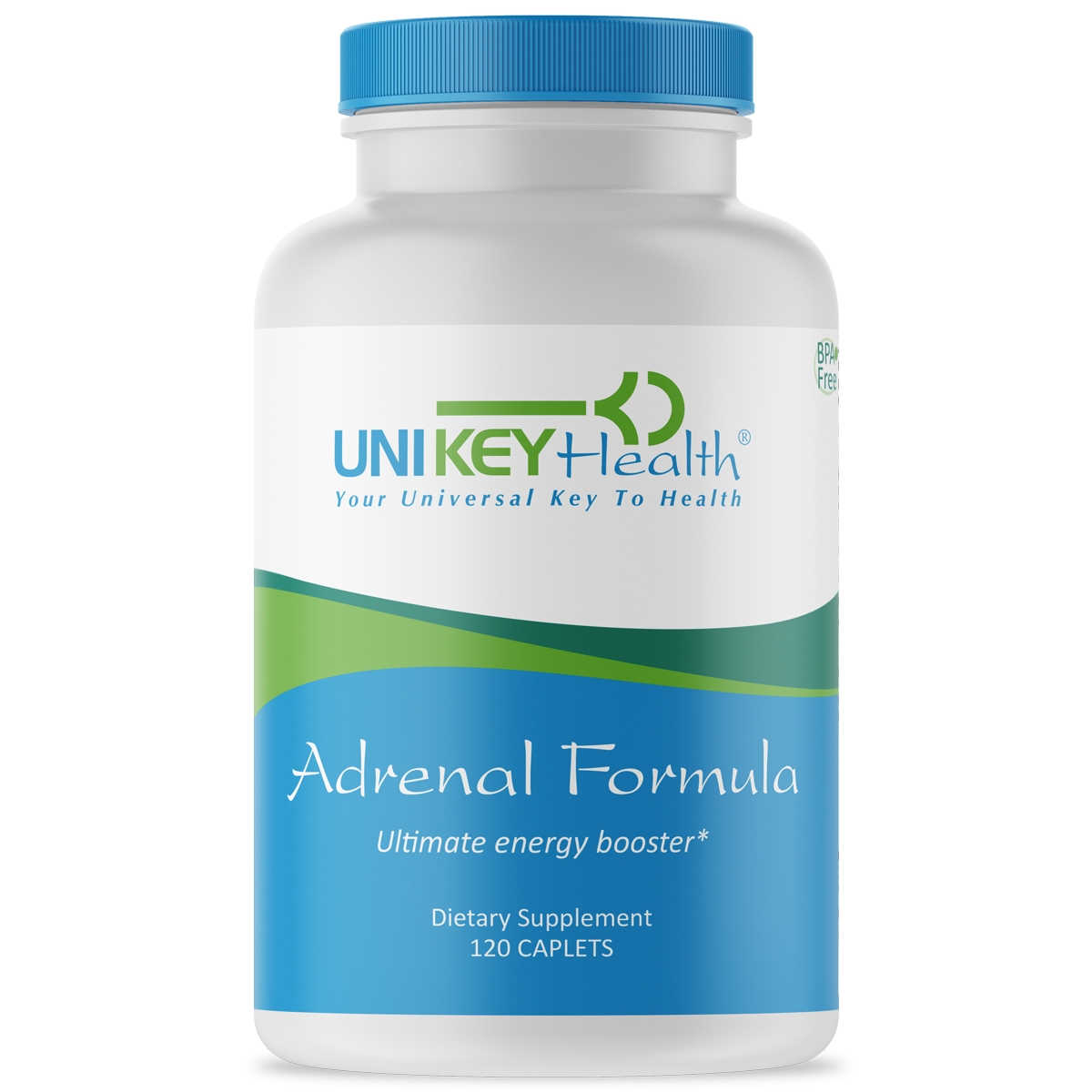 The front bottle of Adrenal Formula, an ultimate energy booster and natural dietary supplement for adrenal fatigue.