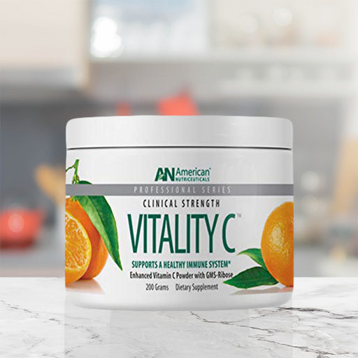 A 200-gram container of Vitality C, an enhanced vitamin C powder with GMS-Ribose that supports a healthy immune system.