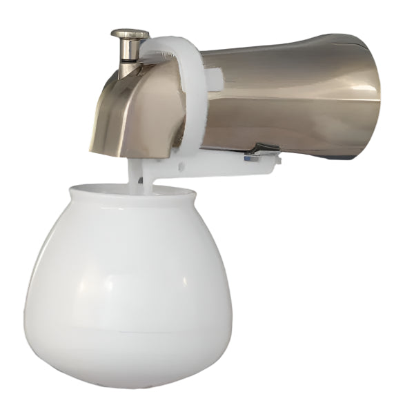 A bathtub water filter in a solid white color.
