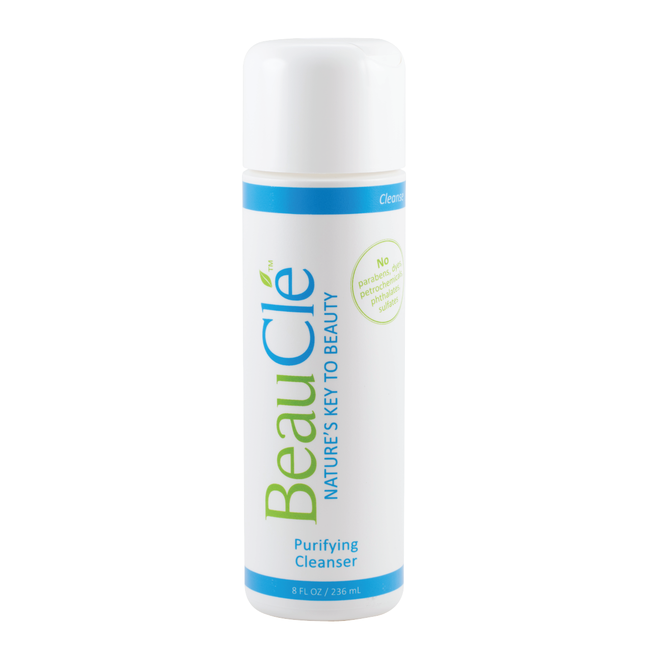 An 8 oz. bottle of BeauCle Skin Purifying Face and Body Wash that is a purifying cleanser.