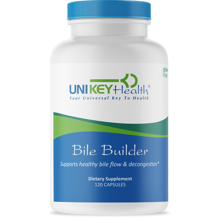 The front of a bottle of Bile Builder, a dietary supplement that supports healthy bile flow and decongestion.