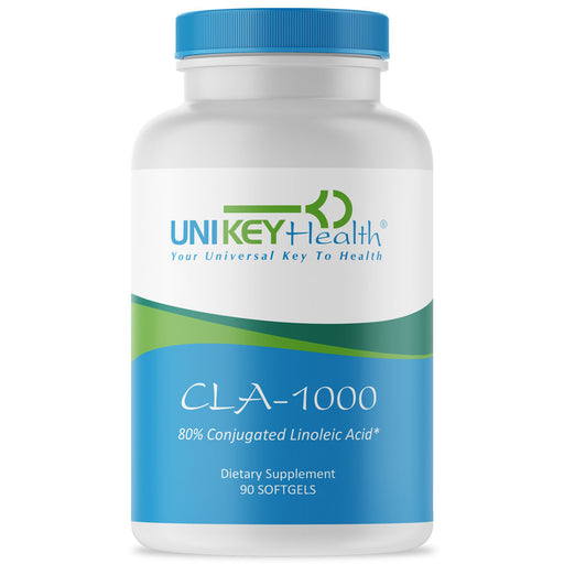 A bottle of CLA-1000, a dietary supplement of 80% conjugated linoleic acid, that contains 90 softgels.