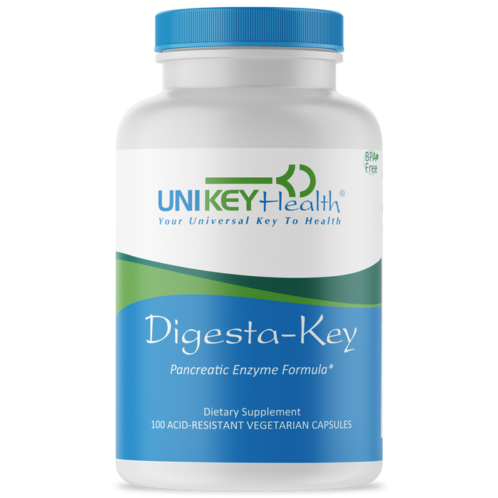 The front of a bottle of Digesta-Key, a pancreatic enzyme formula supplement with 100 acid-resistant vegetarian capsules.