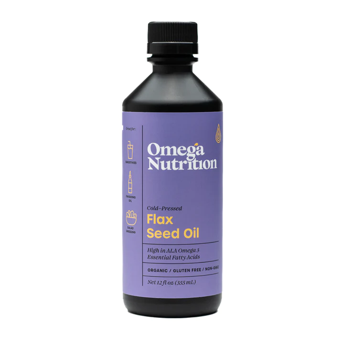 A dark blue bottle of organic flax oil that is 16 fl. oz.