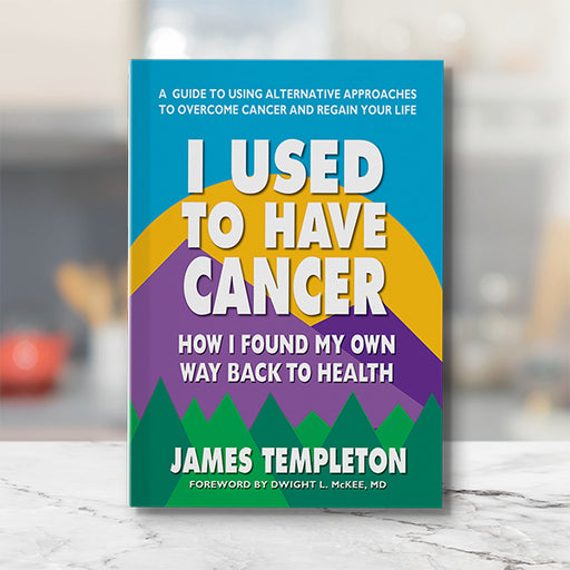 The front cover of the book I Used to Have Cancer by James Templeton which has two mountains, trees, and a sun.