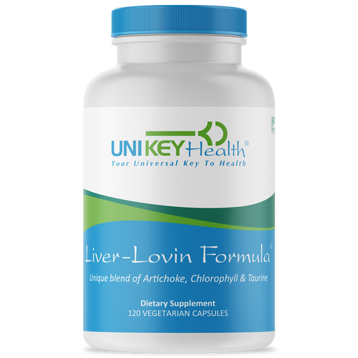 A bottle of Liver-Loving Formula, a dietary supplement that has a unique blend of artichoke, chlorophyll, and taurine.