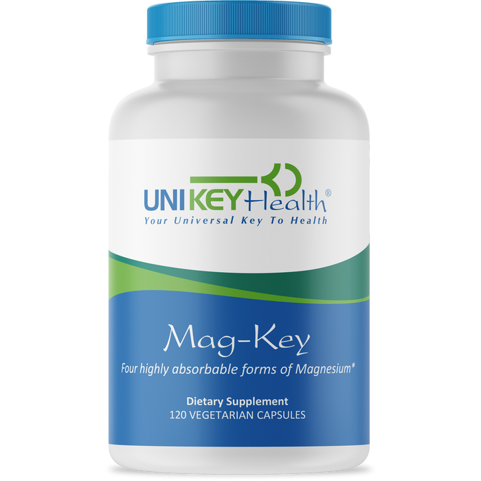 The front of a bottle of Mag-Key, a dietary supplement which contains four highly absorbable forms of Magnesium.