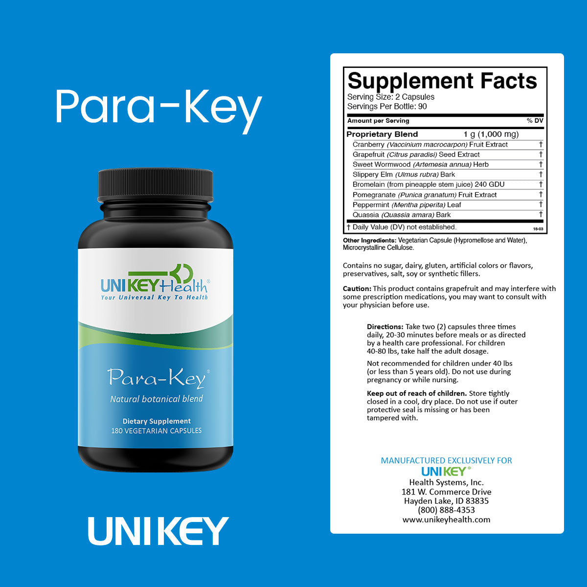 Supplement facts for UNI KEY Health's Para-Key, a parasite cleanse supplement. 