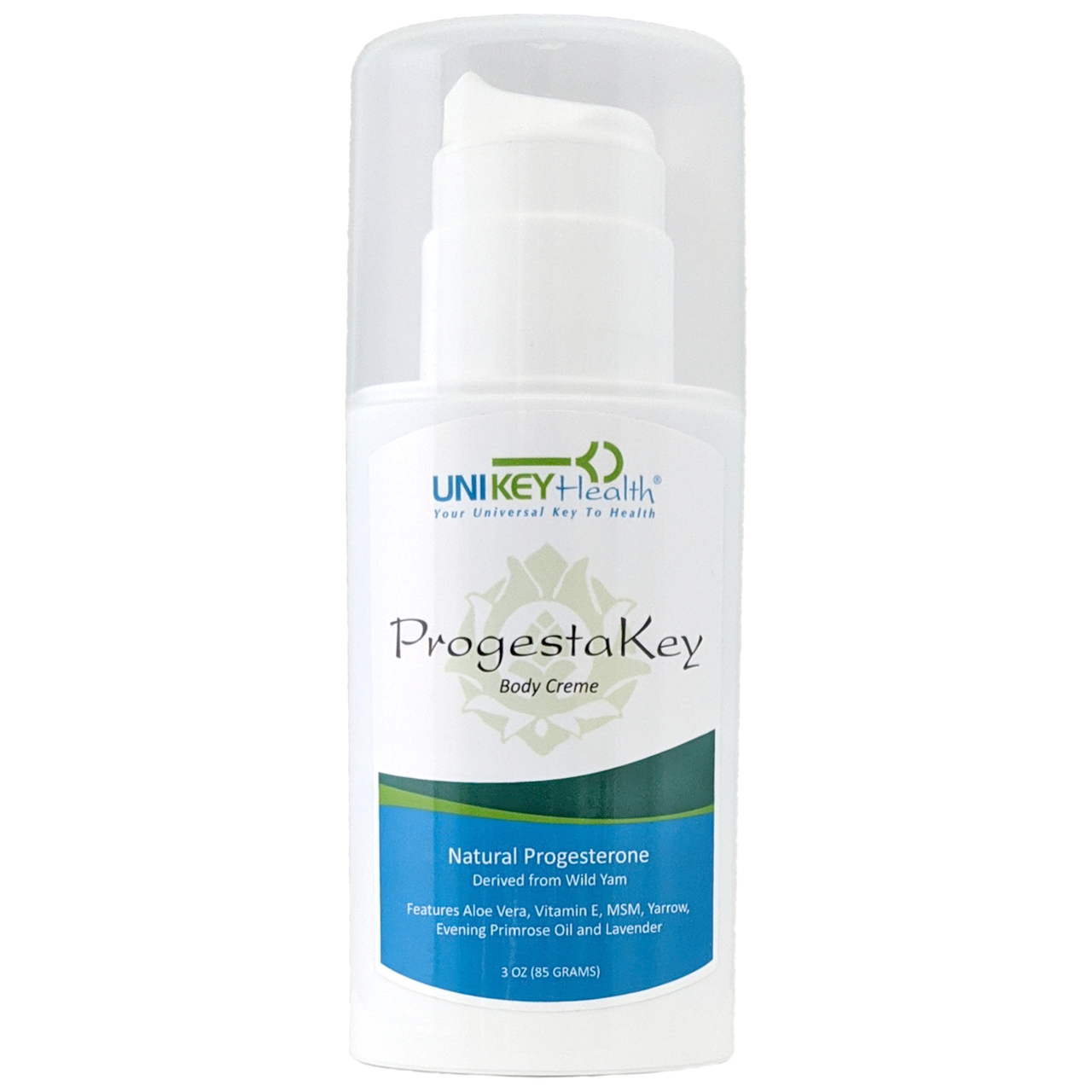 The front of a 3 oz. bottle of ProgestaKey, a natural progesterone body crème that is derived from wild yam.