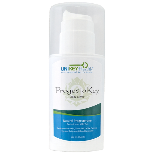 The front of a 3 oz. bottle of ProgestaKey, a natural progesterone body crème that is derived from wild yam.