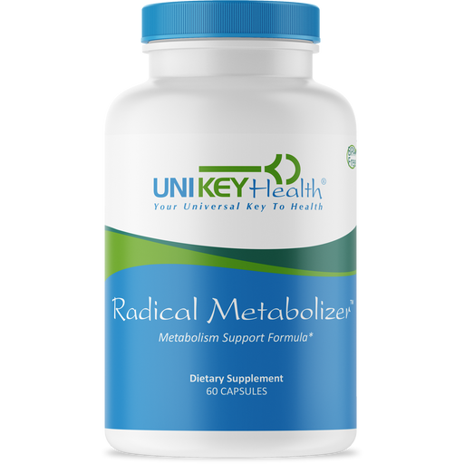 A bottle of UNI KEY Health's Radical Metabolizer, a metabolism support formula, that contains 60 capsules.