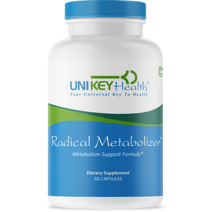 A bottle of UNI KEY Health's Radical Metabolizer, a metabolism support formula, that contains 60 capsules.