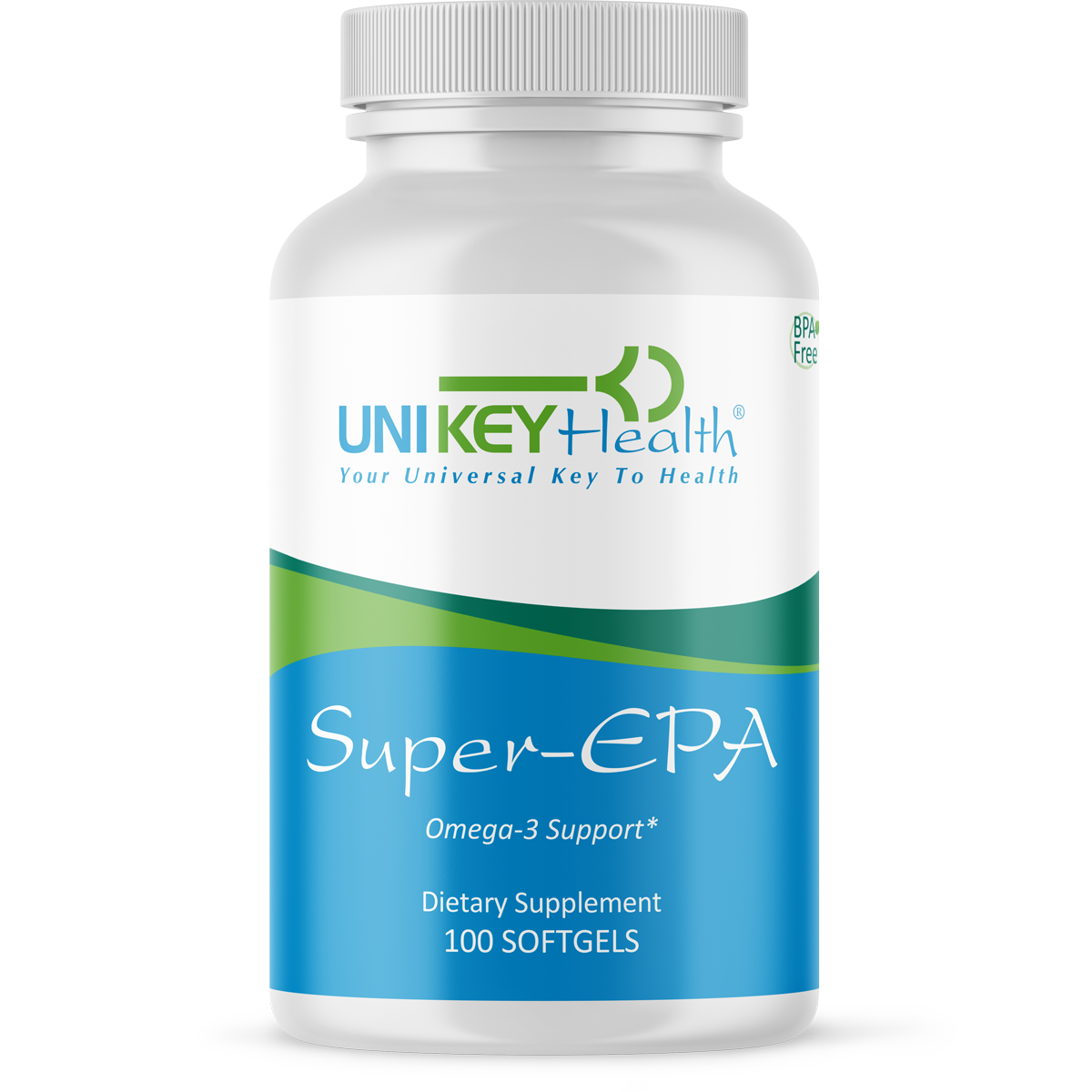 The front of a bottle of Super-EPA, a dietary supplement that has Omega-3 support and contains 100 softgels.
