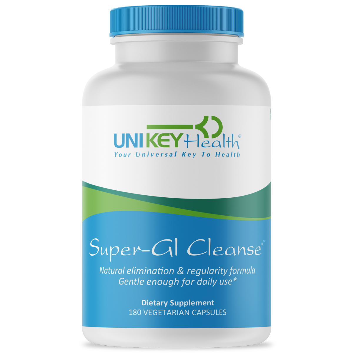 A bottle of Super-GI Cleanse, a natural elimination and regularity formula that is gentle enough for daily use.