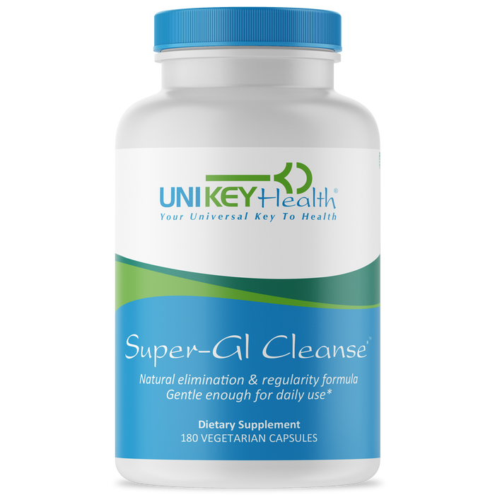 A bottle of Super-GI Cleanse, a natural elimination and regularity formula that is gentle enough for daily use.