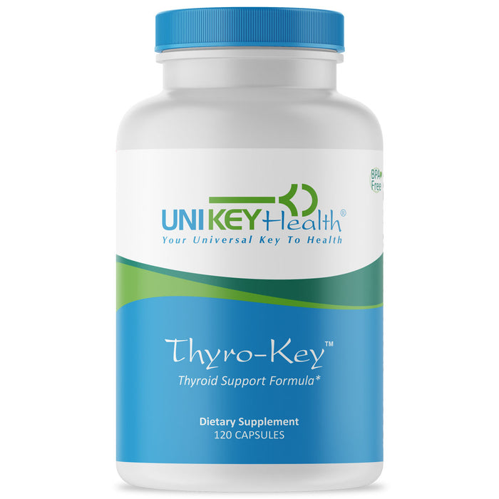 The front of a bottle of Thyro-Key, a thyroid support formula dietary supplement that contains 120 capsules.