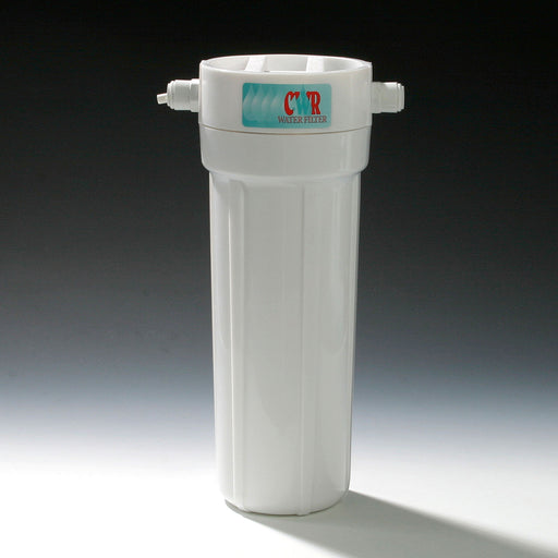 An under counter AIO ultra water filter with metalgon with a sticker labeled CWR water filter.