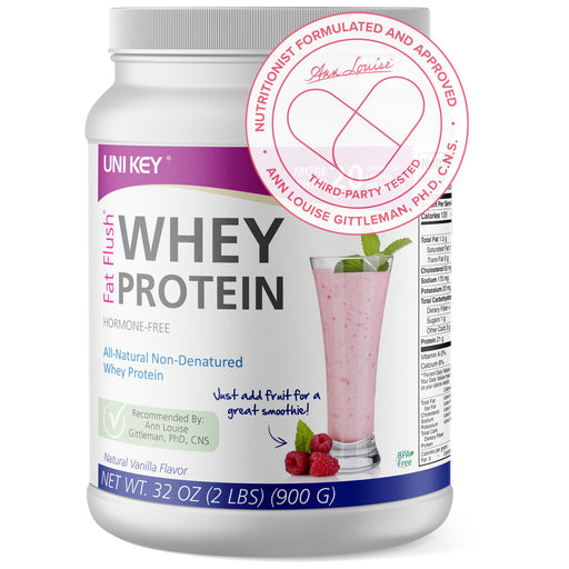 A 32 oz. container of Fat Flush Whey Protein, an all-natural and hormone-free non-denatured whey protein in a vanilla flavor.